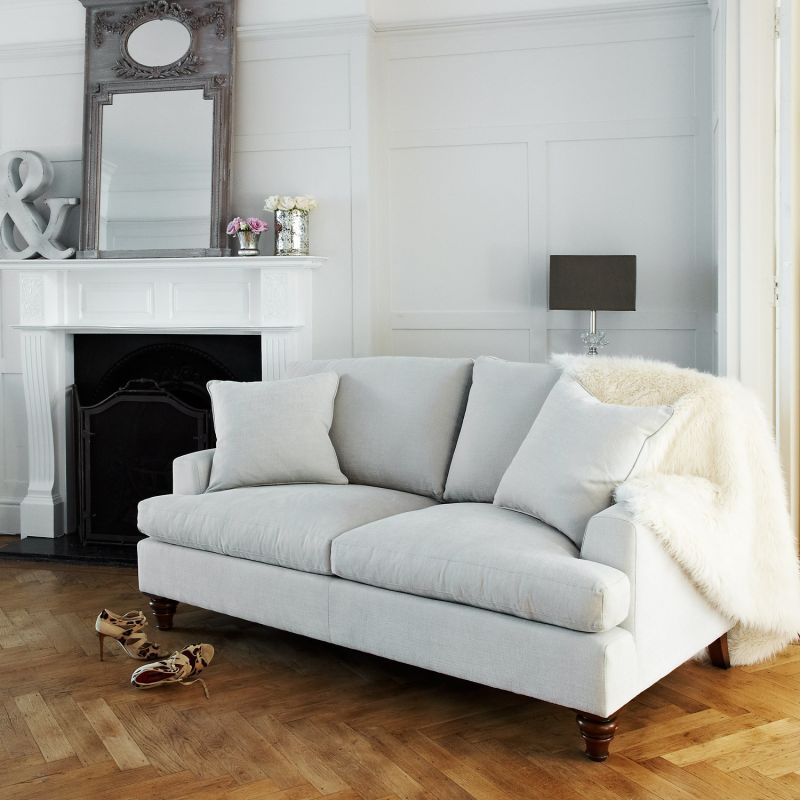 Stylish, square luxury sofa with 2 scatter cushions, upholstered in grey luxury linen