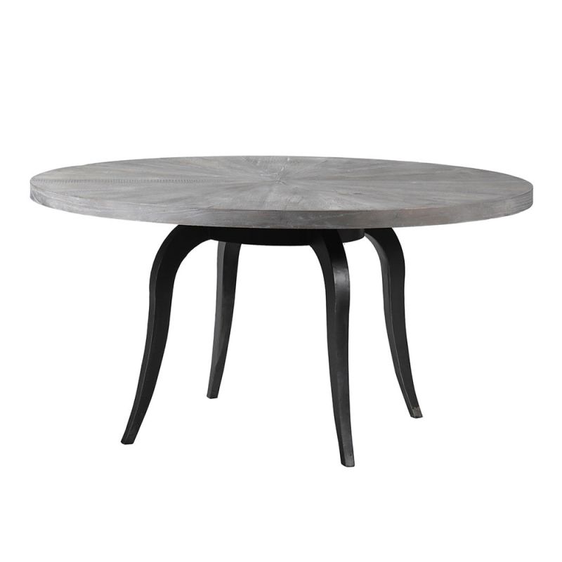 Contemporary grey wooden round dining table with black iron legs