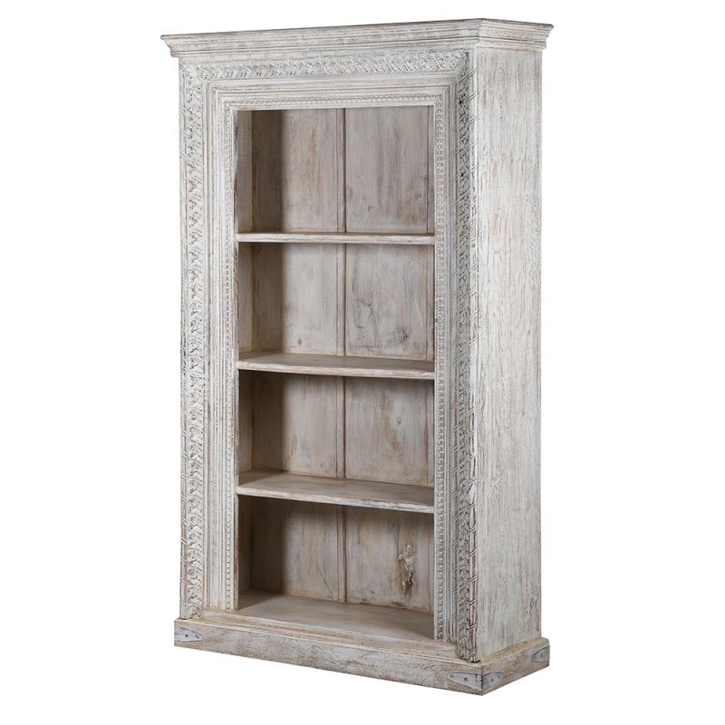 A charming bookcase with an off-white distressed finish