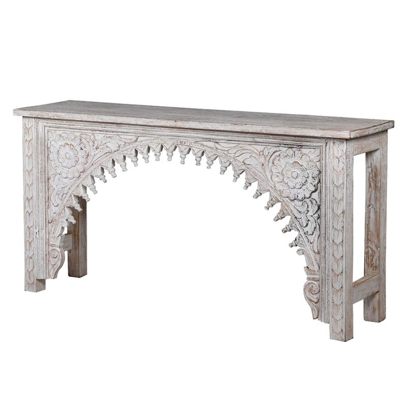 A captivating console table with a washed wood finish and intricate curves