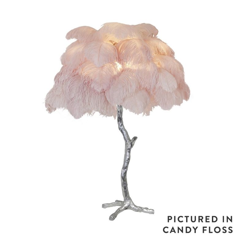 Mini ostrich feather lamp in candyfloss with a silver base