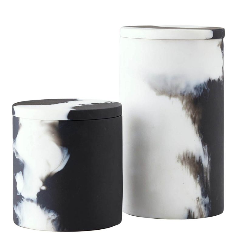  set of two black and white print lidded containers