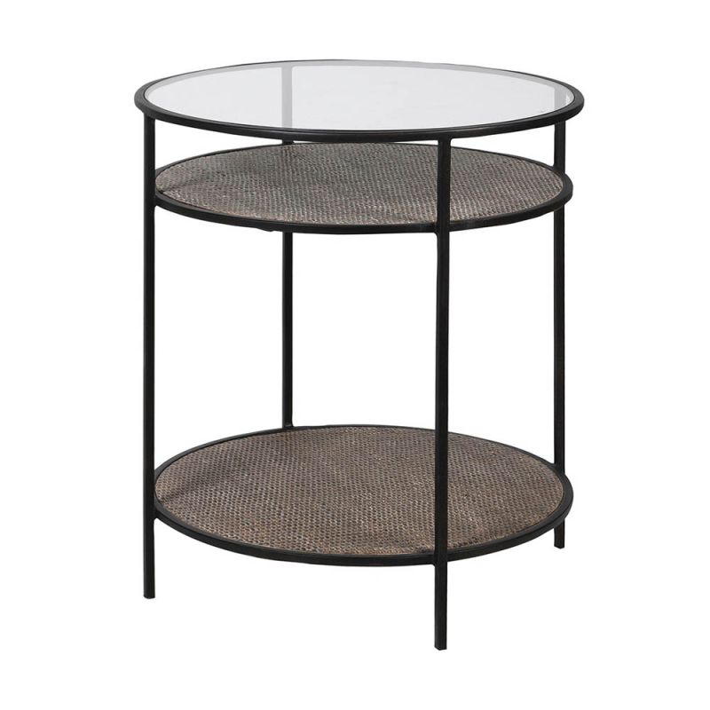 Elegant side table with rattan shelving and glass surface
