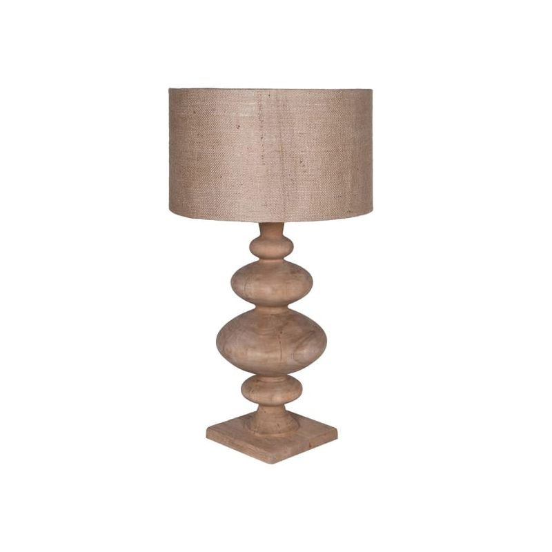 Sculptural wooden side lamp with jute lampshade