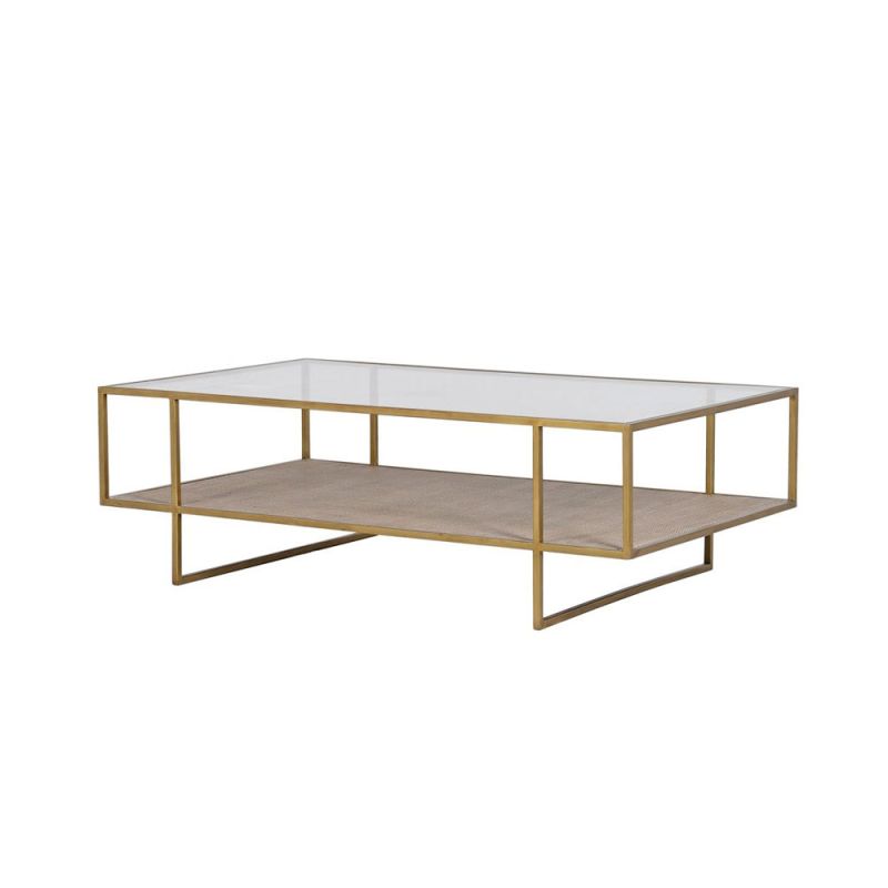 A stunning antique brass table with a glass surface and woven lower shelf