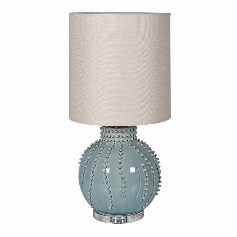 Side lamp with blue shiny ceramic base and cream linen shade
