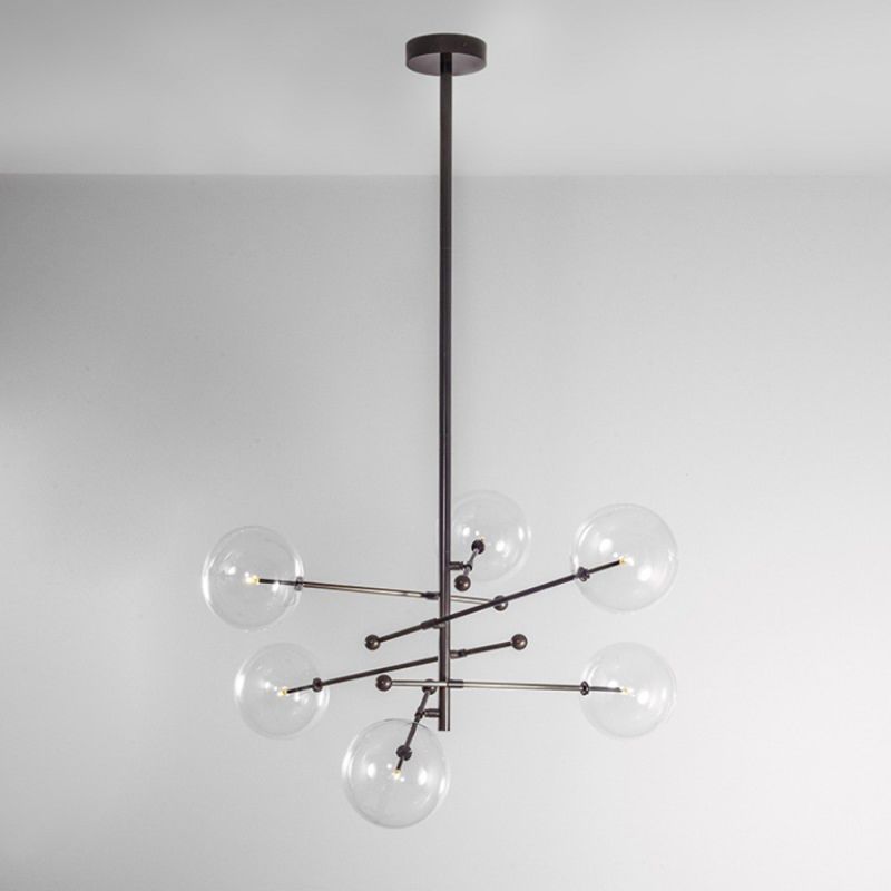 Retro industrial style 6 arm chandelier in gunmetal black finish with 6 clear glass globe bulbs