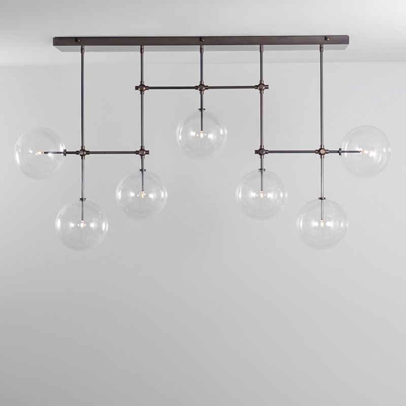 Black gunmetal industrial chandelier with multiple arms and clear glass globes