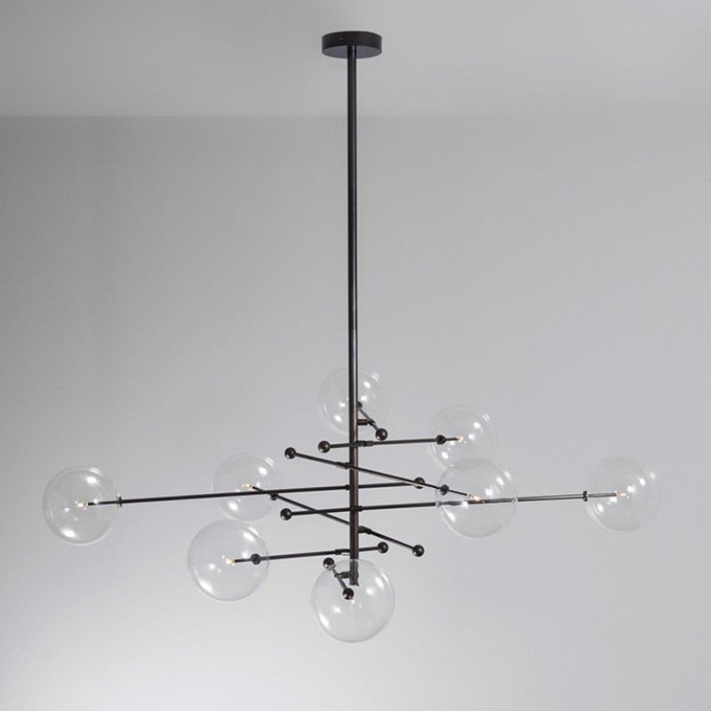 Black gunmetal finish retro/industrial chandelier with 8 arm fixture and 8 clear glass globes