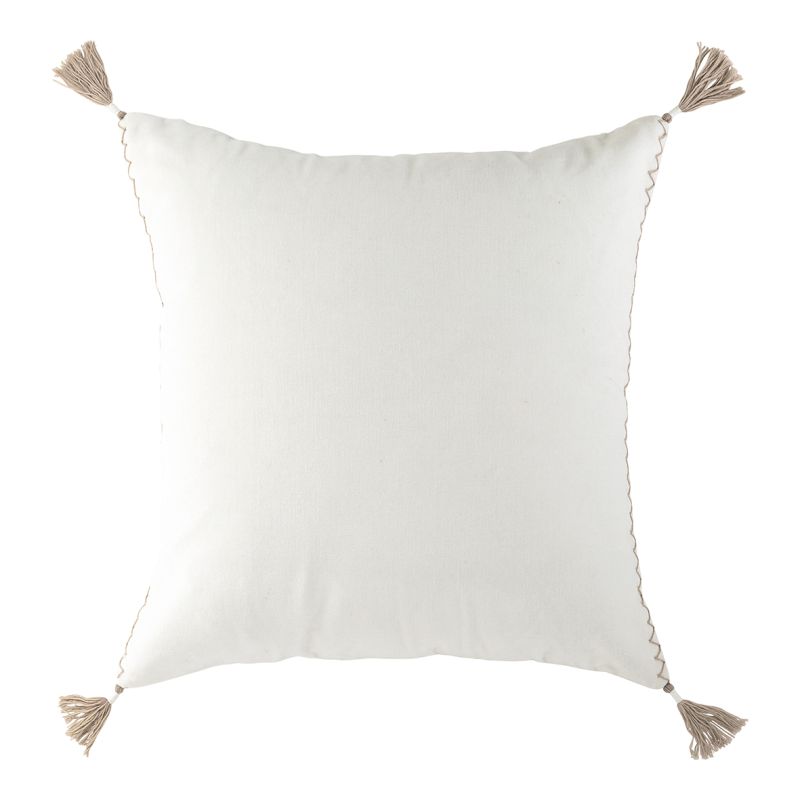White cotton cushion cover with tassels at each corner