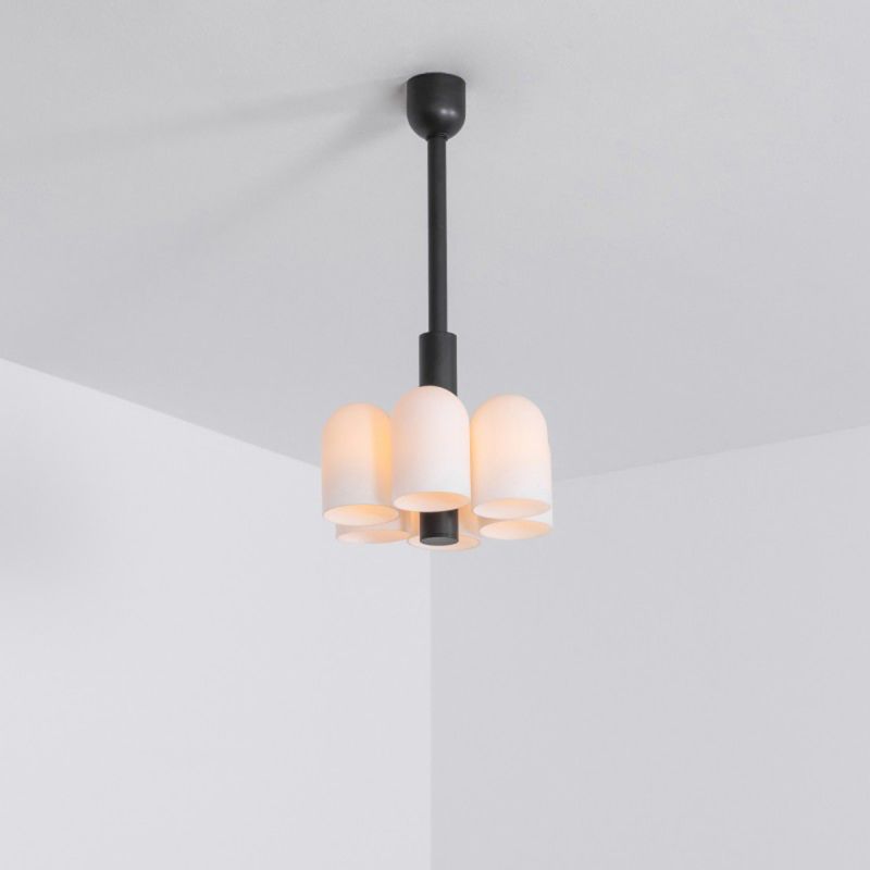 Contemporary black gunmetal solid brass pendant ceiling light with six translucent glass lampshade design