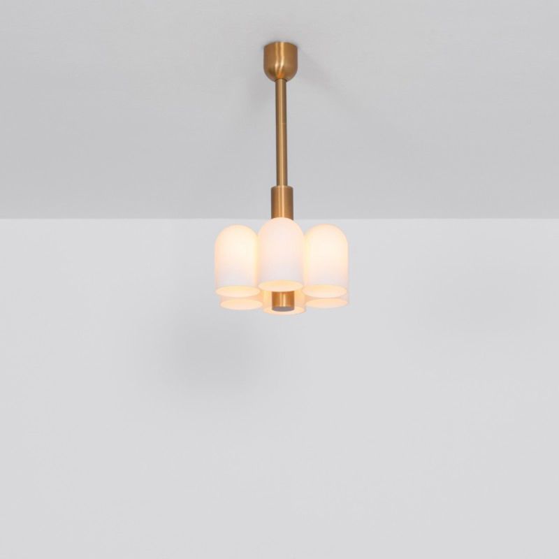 Contemporary natural brass pendant ceiling light with six translucent glass lampshade design