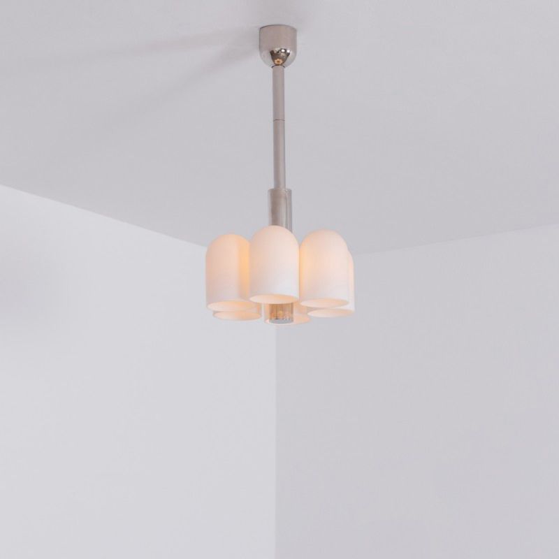 Contemporary polished nickel pendant ceiling light with six translucent glass lampshade design