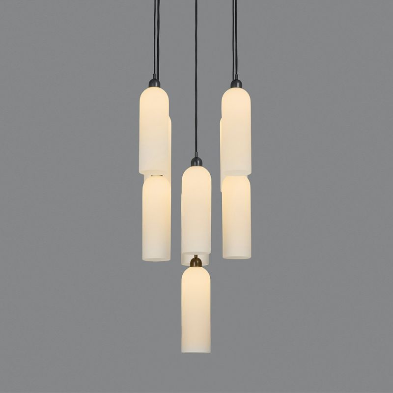 A luxury chandelier by Schwung with 9 frosted, opal glass shades and an industrial black gunmetal finish 