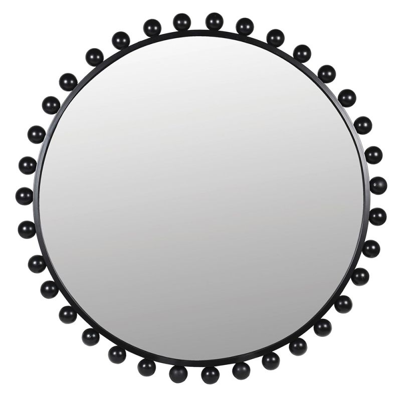 Black circular wall mirror adorned in metal balls
