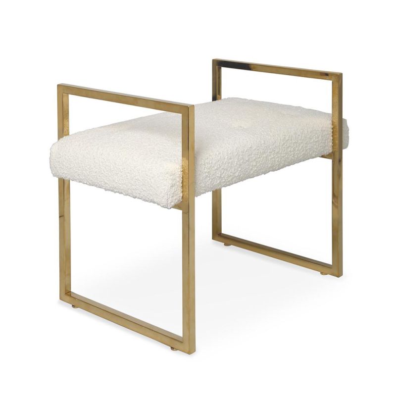 A chic boucle bench with a stylish brass frame