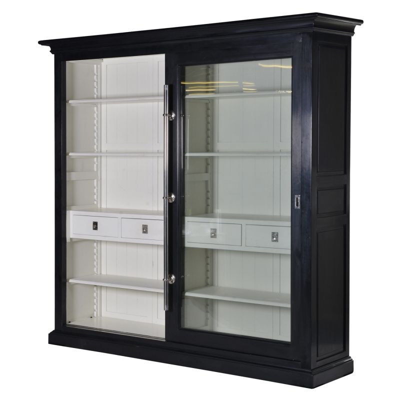 Black finished wood, clear glass wall display unit