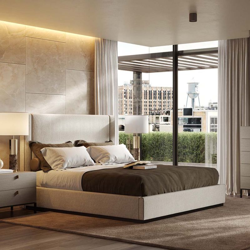 A minimal, modern bed with a glamorous golden plinth and an upholstered headboard. Pictured in Xangai White
