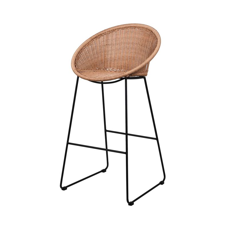 A chic curved bar stool crafted from natural materials with a black finished base