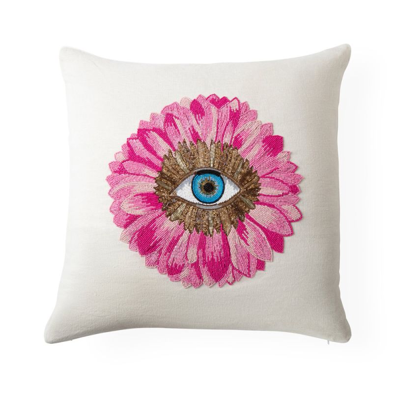 An elaborate hand-beaded 50 x 50 cm floral-inspired linen cushion 