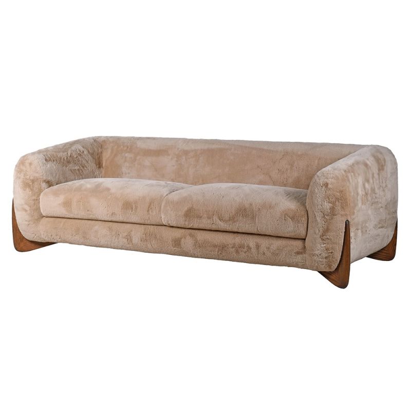 Ultra cosy faux wool upholstered sofa in beige with wooden feet