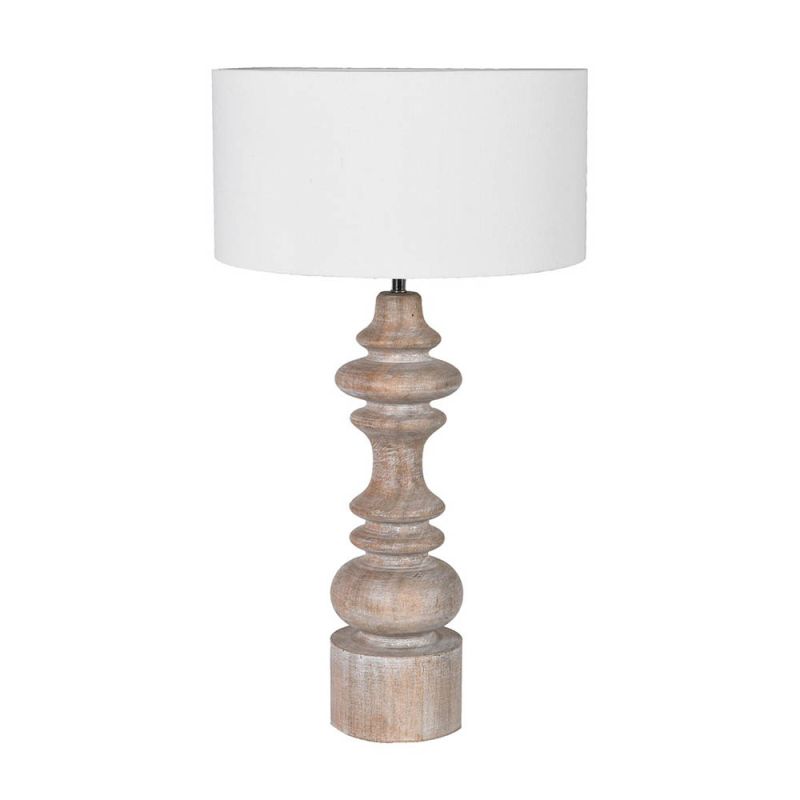 Elegant table lamp featuring classic, shapely design in distressed wooden finish
