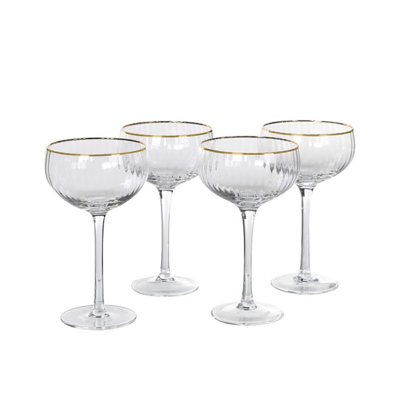 A fabulous set of 8 glass champagne glasses with golden details