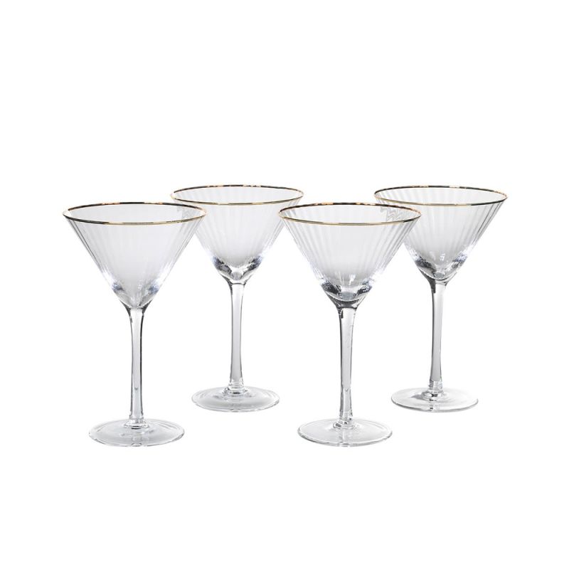 A dazzling set of 8 glass martini glasses with golden details