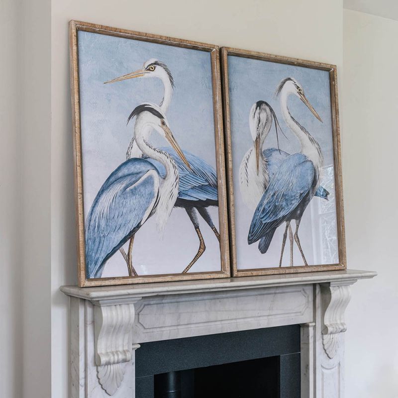 Gorgeously vibrant artwork piece showing two blue and white storks elegantly posed