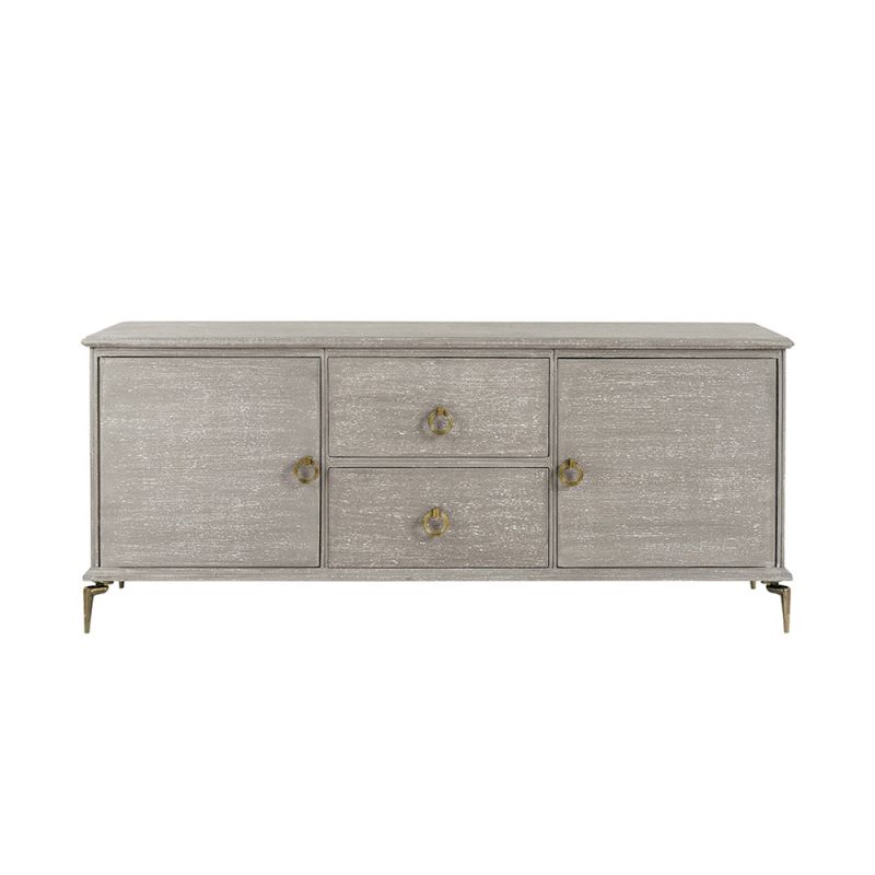 A decadent, taupe, mango wood sideboard with round handles.