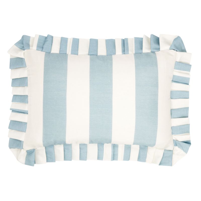 gorgeous silk cushion with blue and ivory stripes with a frilled edge