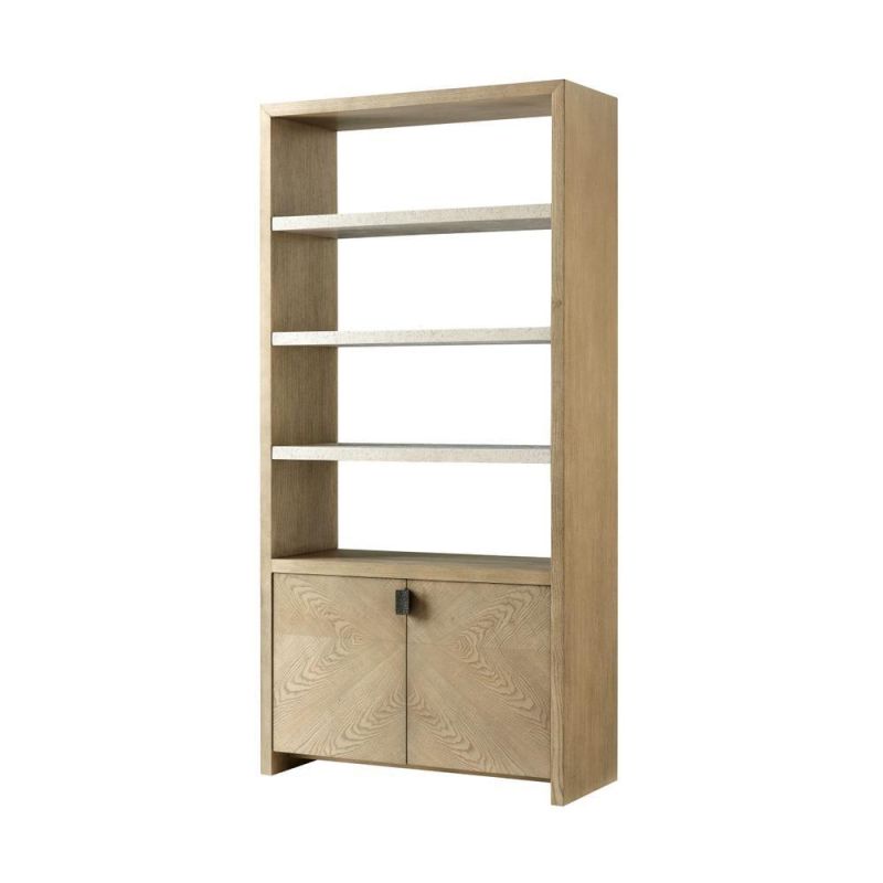 Open bookcase with four shelves and a two-door cupboard