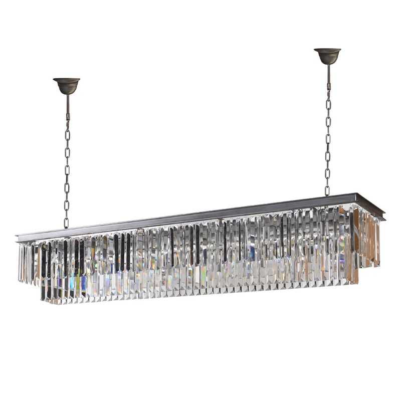 Rectangular ceiling light with nickel frame and crystal hanging pieces