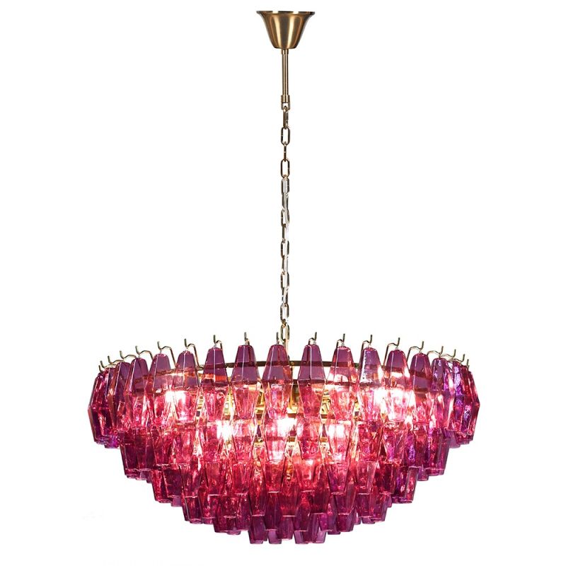 Vibrant pink chandelier composed of intricate fragments of delicate glass