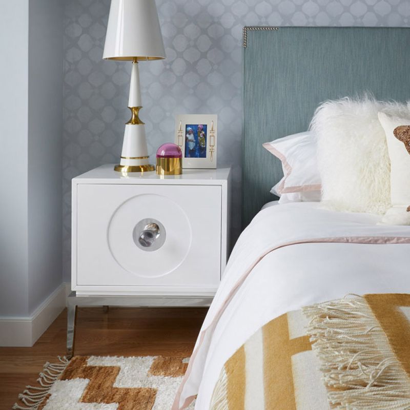 white lacquer side table with large door and acrylic handle 