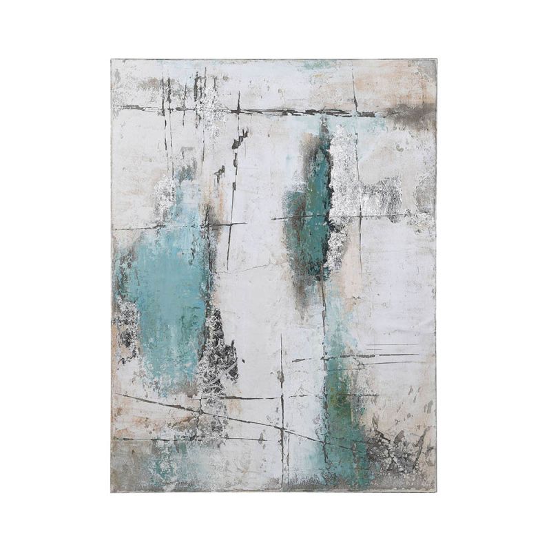 painting with bold teal and white brushstrokes
