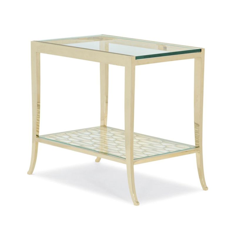 Gorgeously understated side table with glass surface and patterned lower shelf