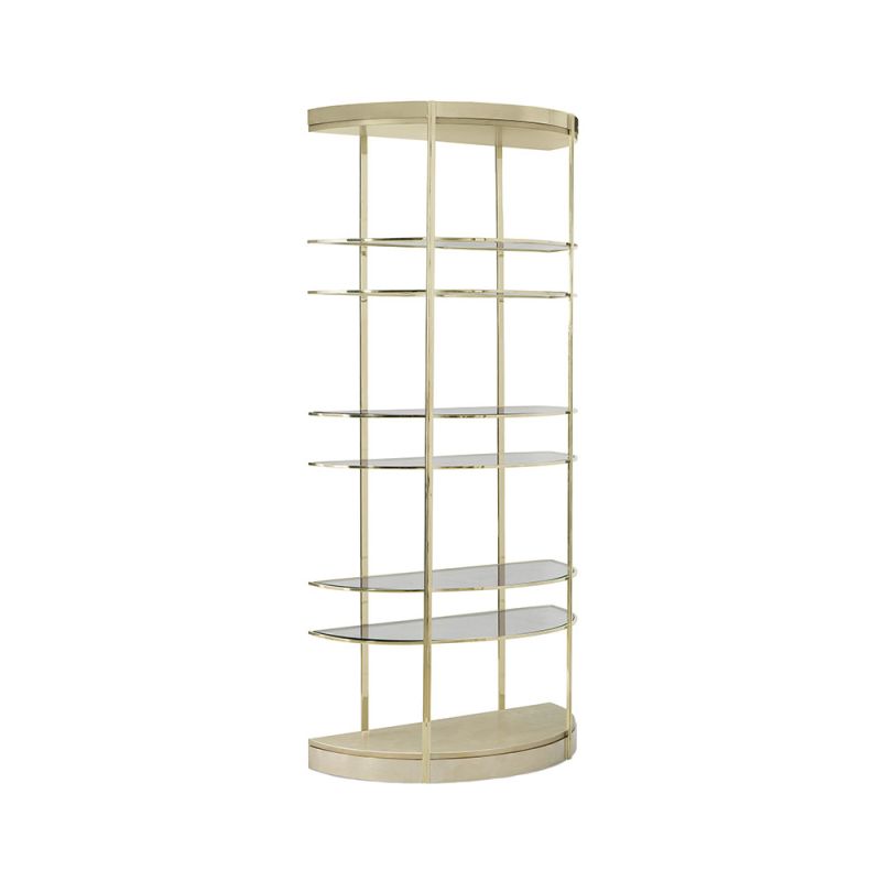 Divine half-moon shaped shelving with smoked glass shelves and gold frame