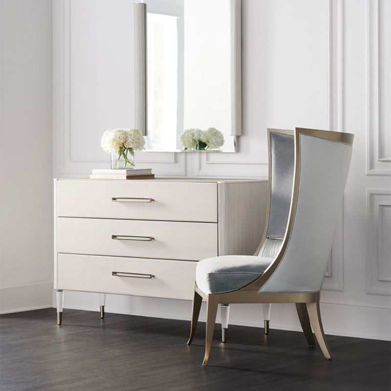 Gorgeously elegant chest of drawers with Matte Pearl finish and acrylic legs with brass details