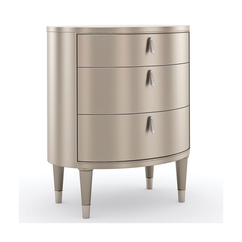 Decadent oval-shaped bedside table with pull handles and champagne finish