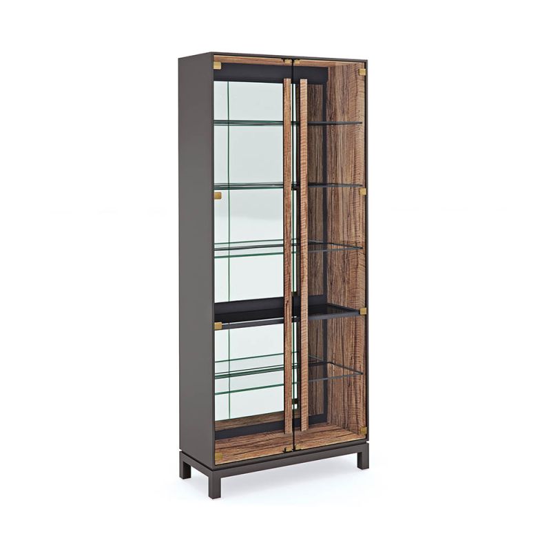 A dazzling modern cabinet with a rich mix of mirror, glass and wood textures