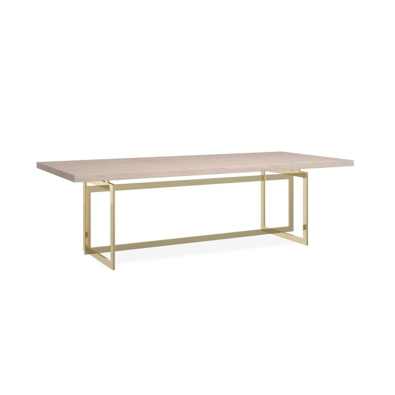 Elevate your dining space with the Brentel Dining Table from Caracole, featuring a stunning gold finish and elegant travertine top. Perfect for modern luxury.