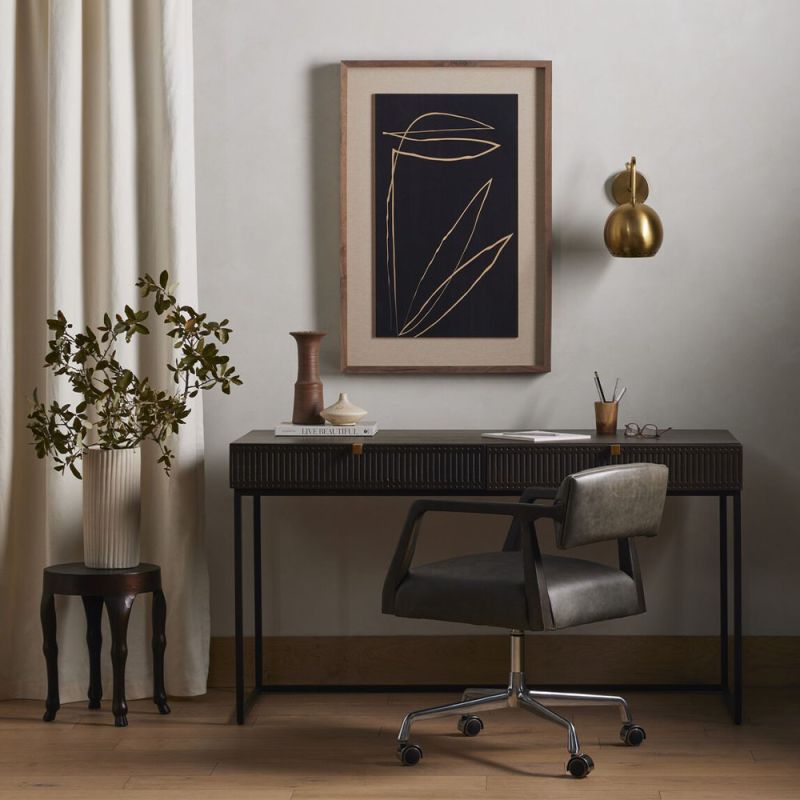 Dark wooden desk with ridged detailing