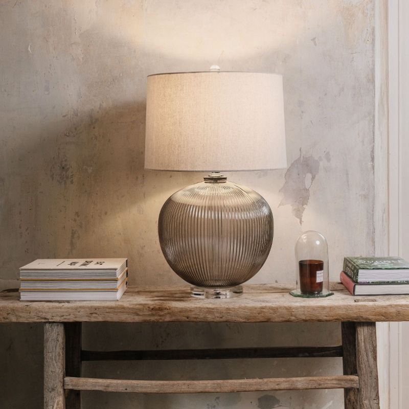 Side lamp with large grey glass ribbed base