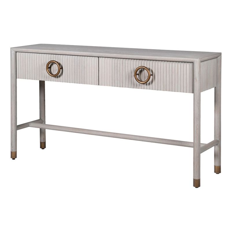 White washed wood console table with brass finish handles