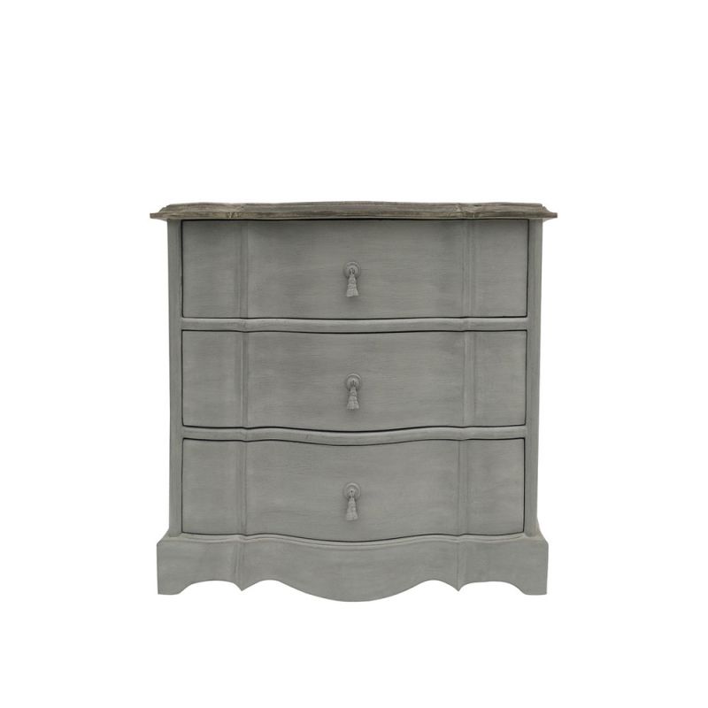 A French-style small chest of drawers in an antique grey finish