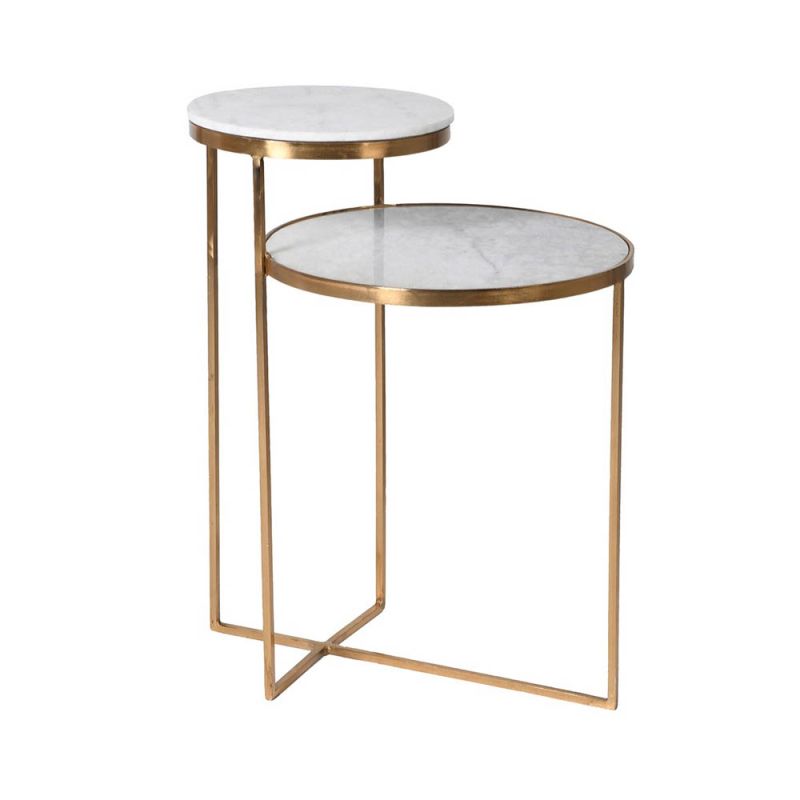 glamorous brass frame side table with white marble surfaces