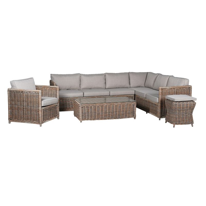 A luxury rattan outdoor garden set featuring a modular corner sofa, armchair, stool and coffee table