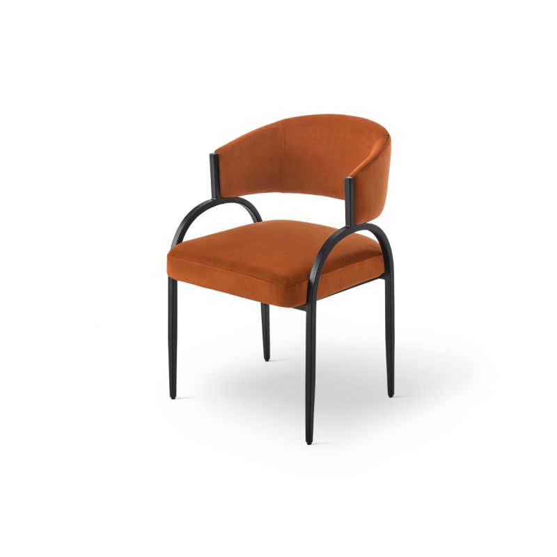 Sophisticated dining chair with black frame and orange velvet seat upholstery
