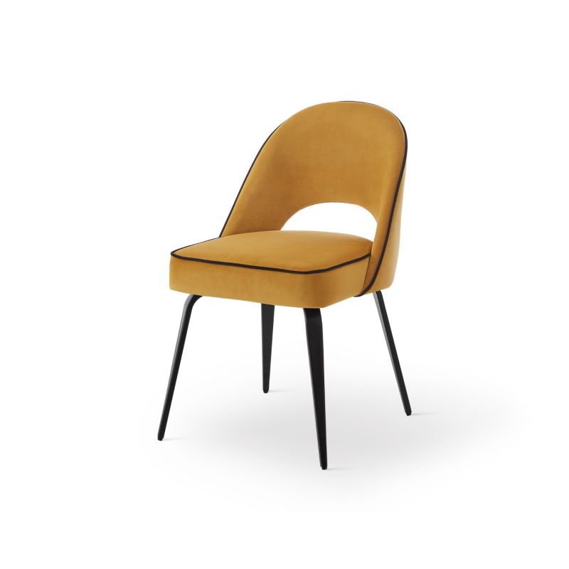 Elegant dining chair in yellow velvet with black piping